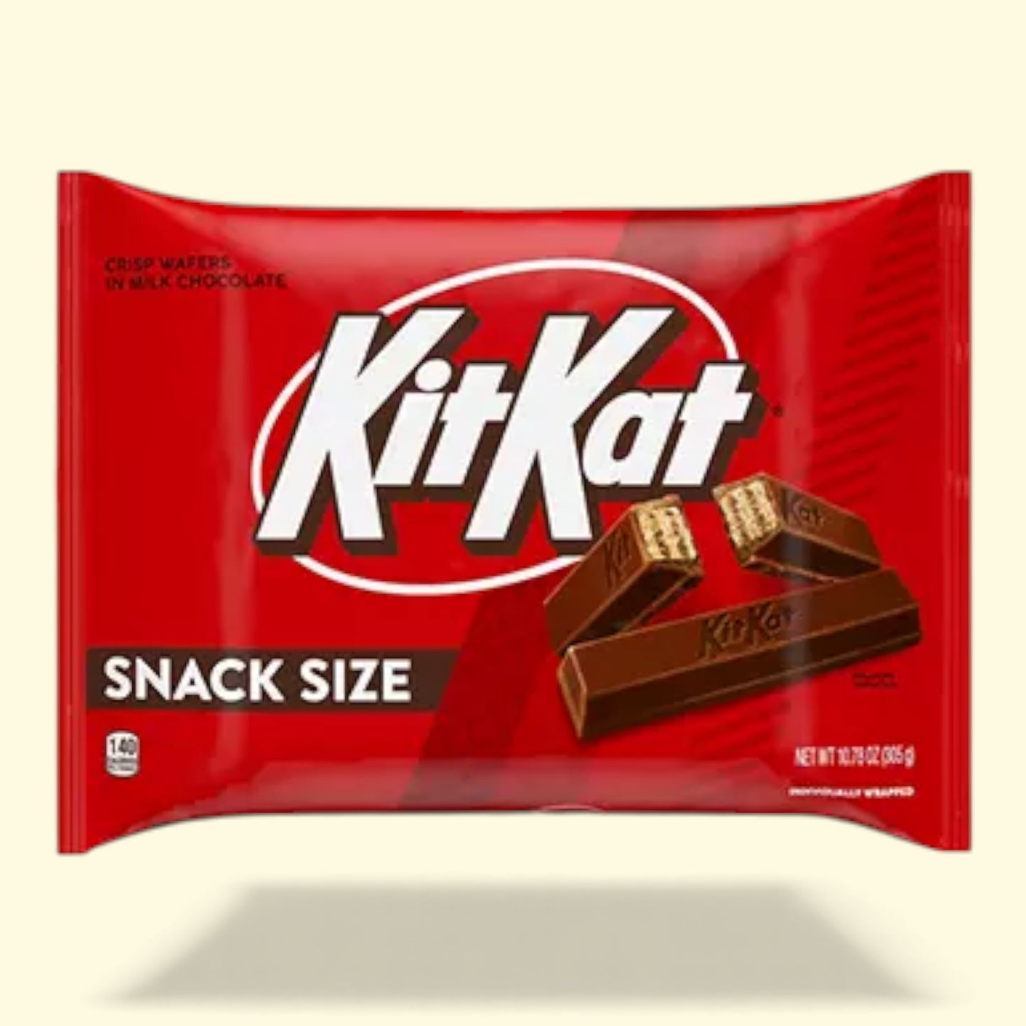 Kit Kat snack size chocolate bar package on a beige background