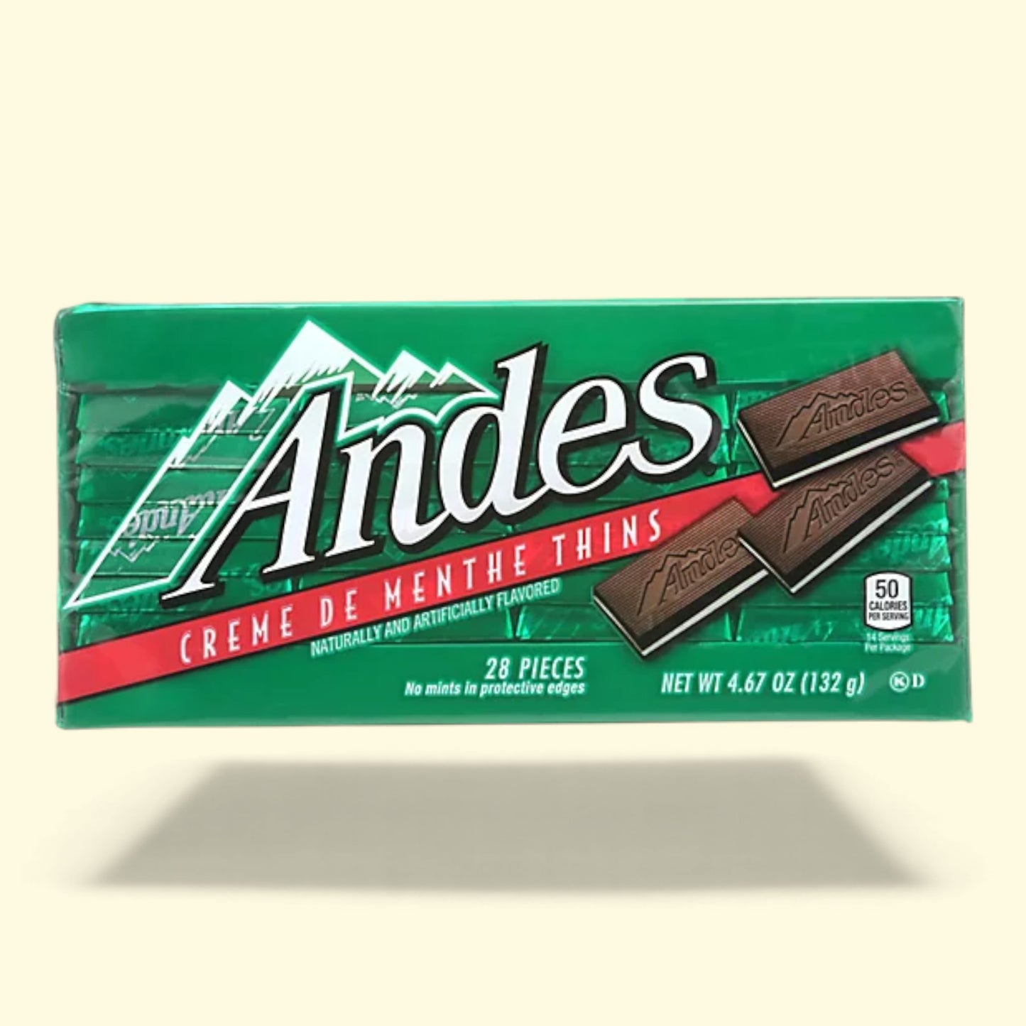 Box of Andes Creme de Menthe Thins chocolate on a beige background