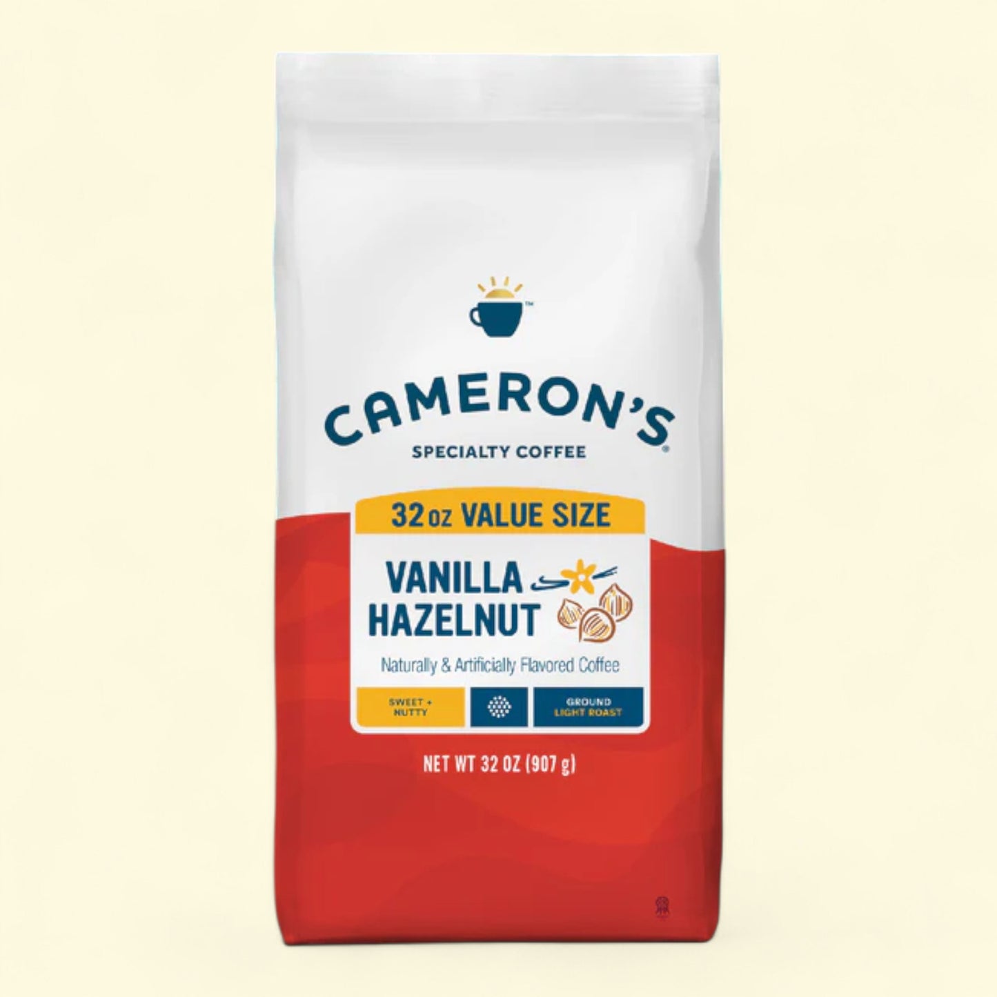 Cameron's Specialty Coffee Vanilla Hazelnut package on a beige background