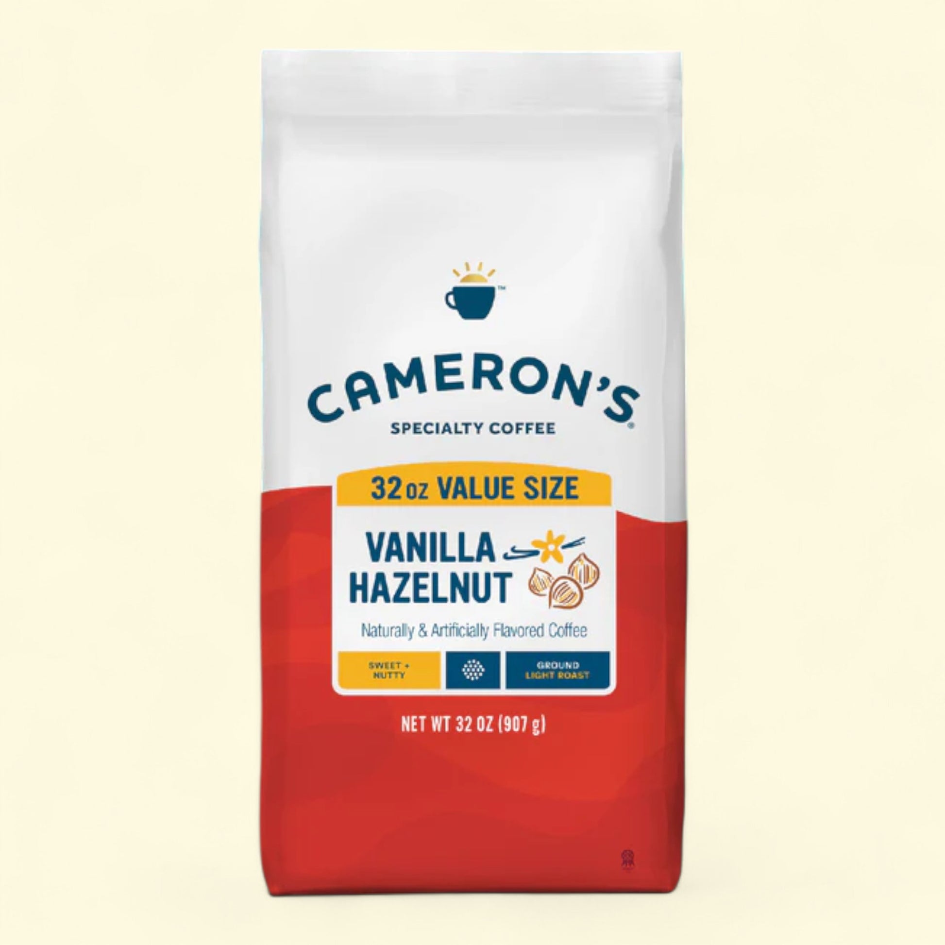 Cameron's Specialty Coffee Vanilla Hazelnut package on a beige background