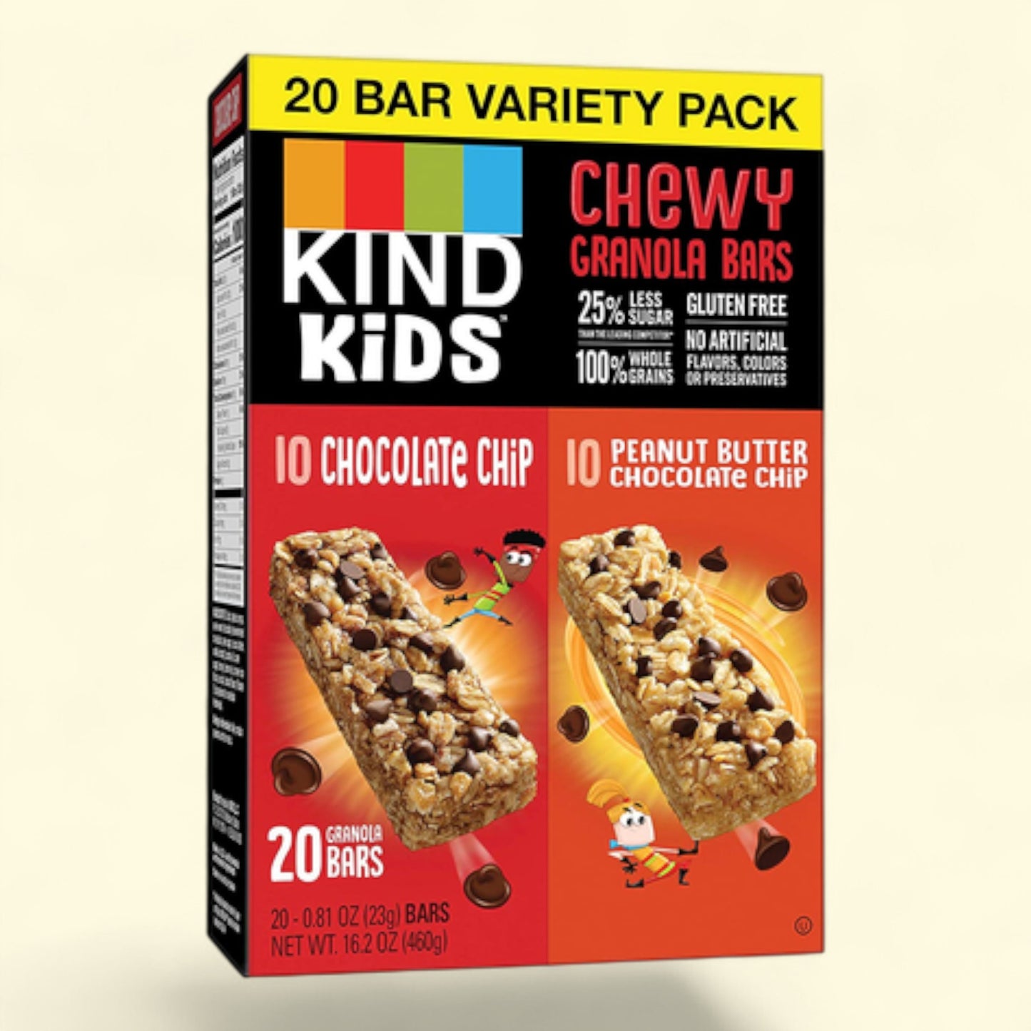Kind Kids Chewy Granola Bars with chocolate chip and peanut butter chocolate chip flavors on a beige background.