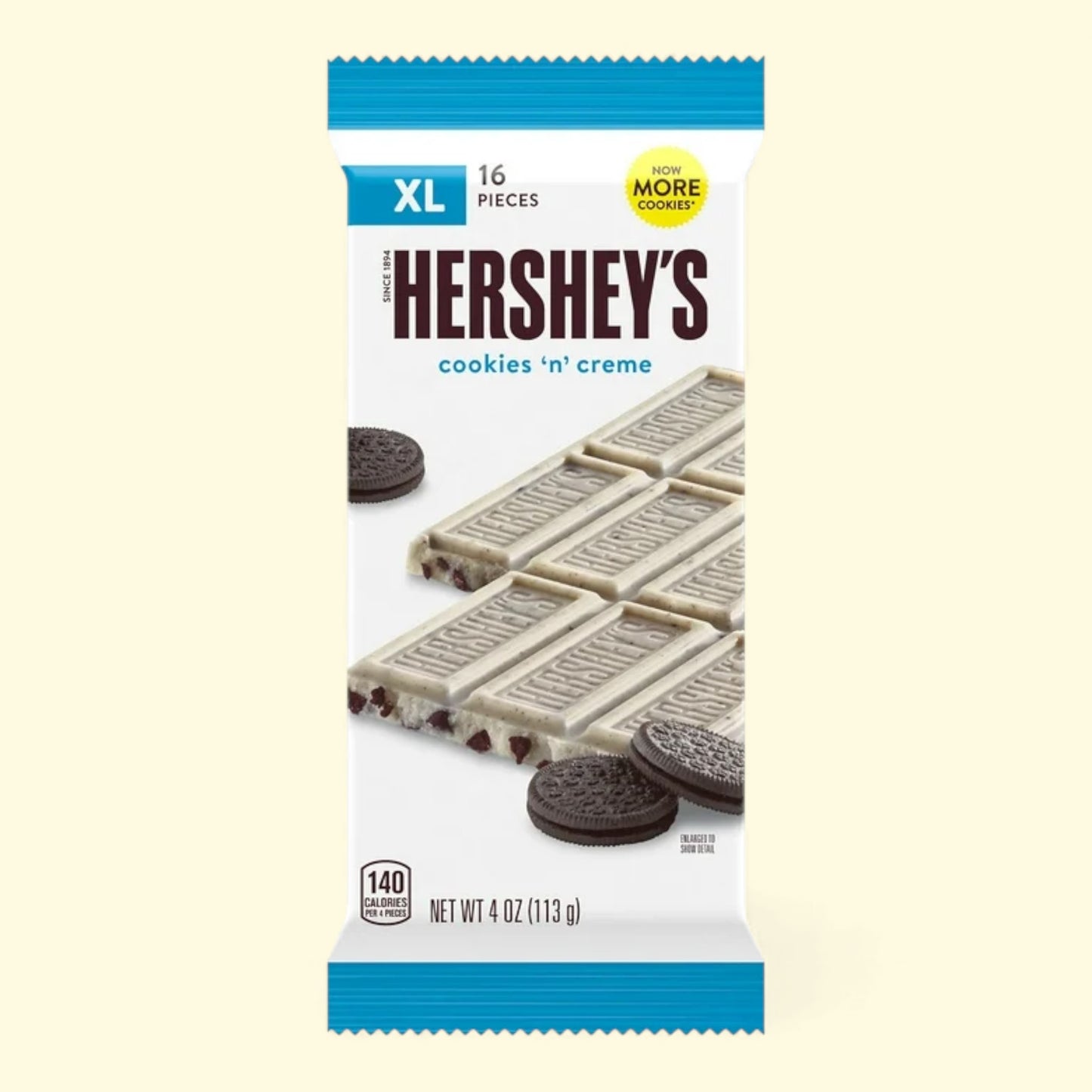 Hershey's cookies 'n' cream chocolate bar packaging on a beige background