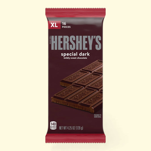 Hershey's Special Dark chocolate bar packaging on a beige background
