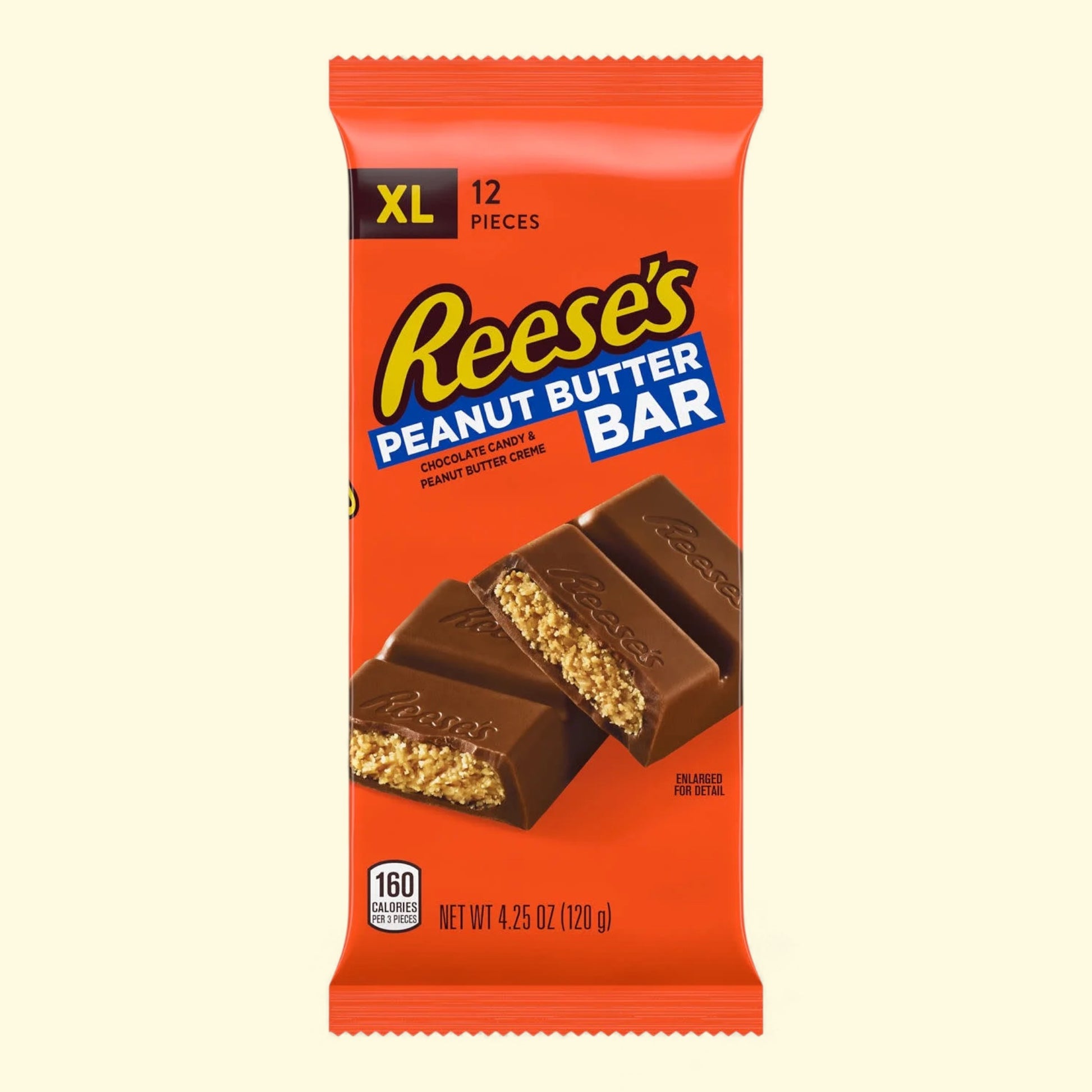 Reese's Peanut Butter Bar packaging on a beige background