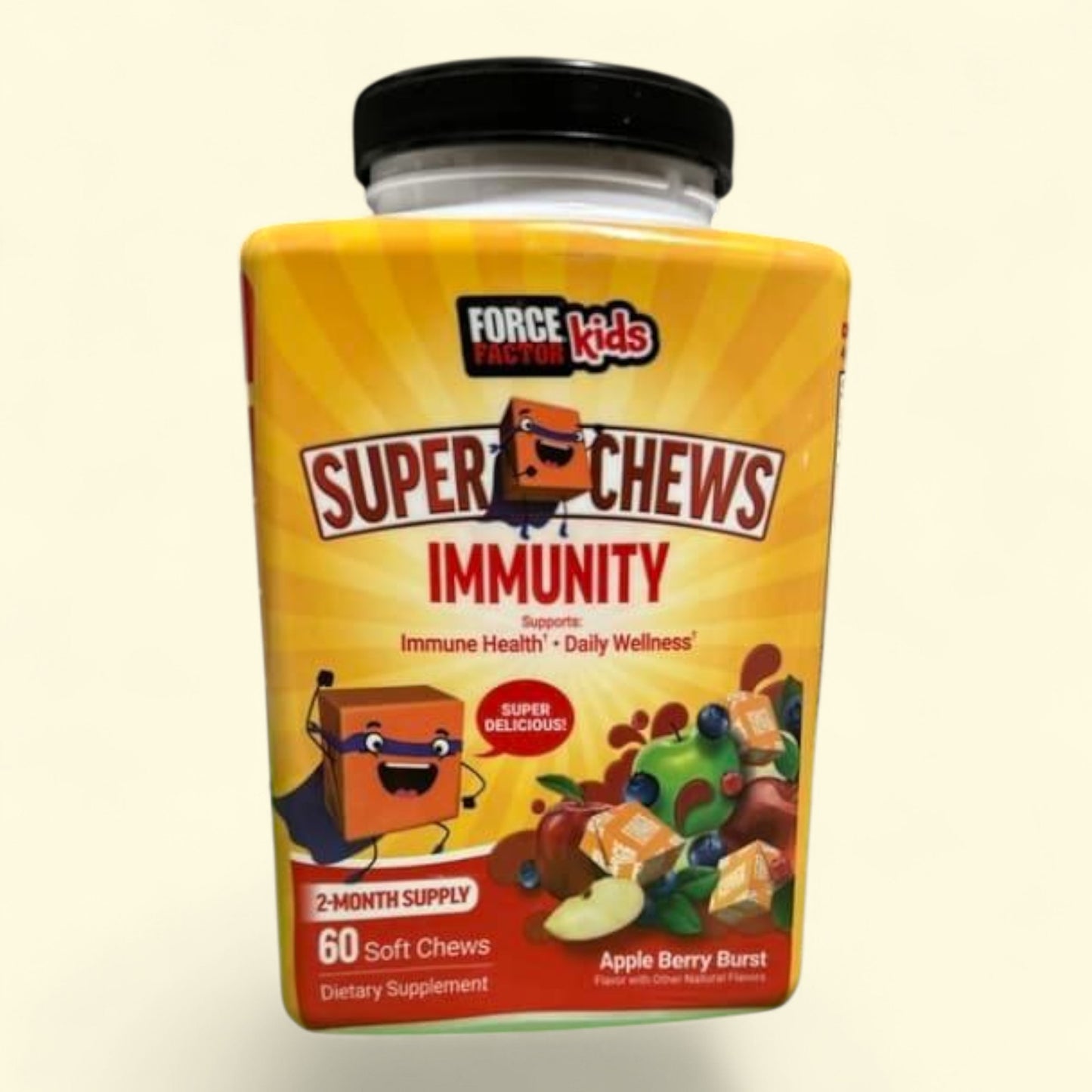 Force Factor Kids Super Chews Immunity supplement packaging on a beige background