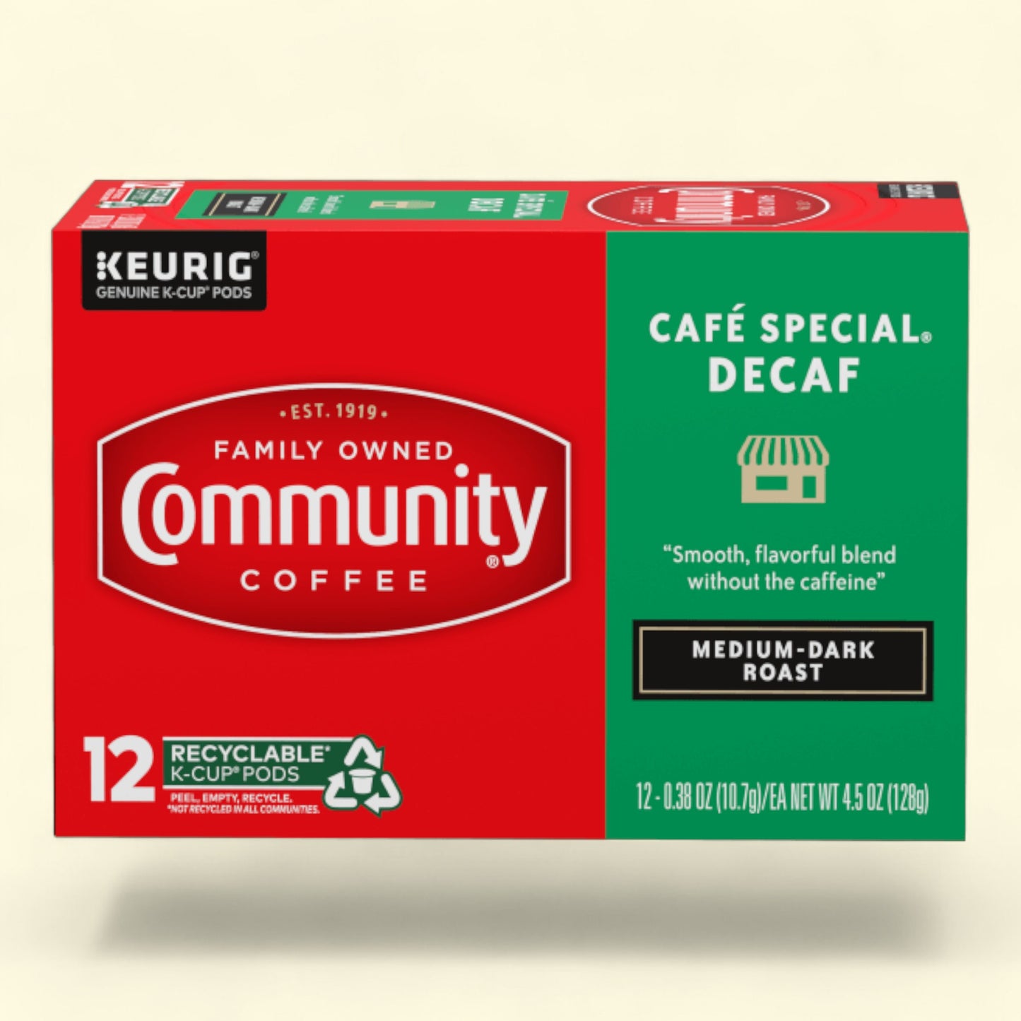 Box of Community Coffee K-Cup pods with red and green design on a beige background