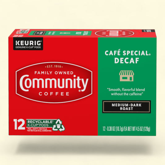 Box of Community Coffee K-Cup pods with red and green design on a beige background