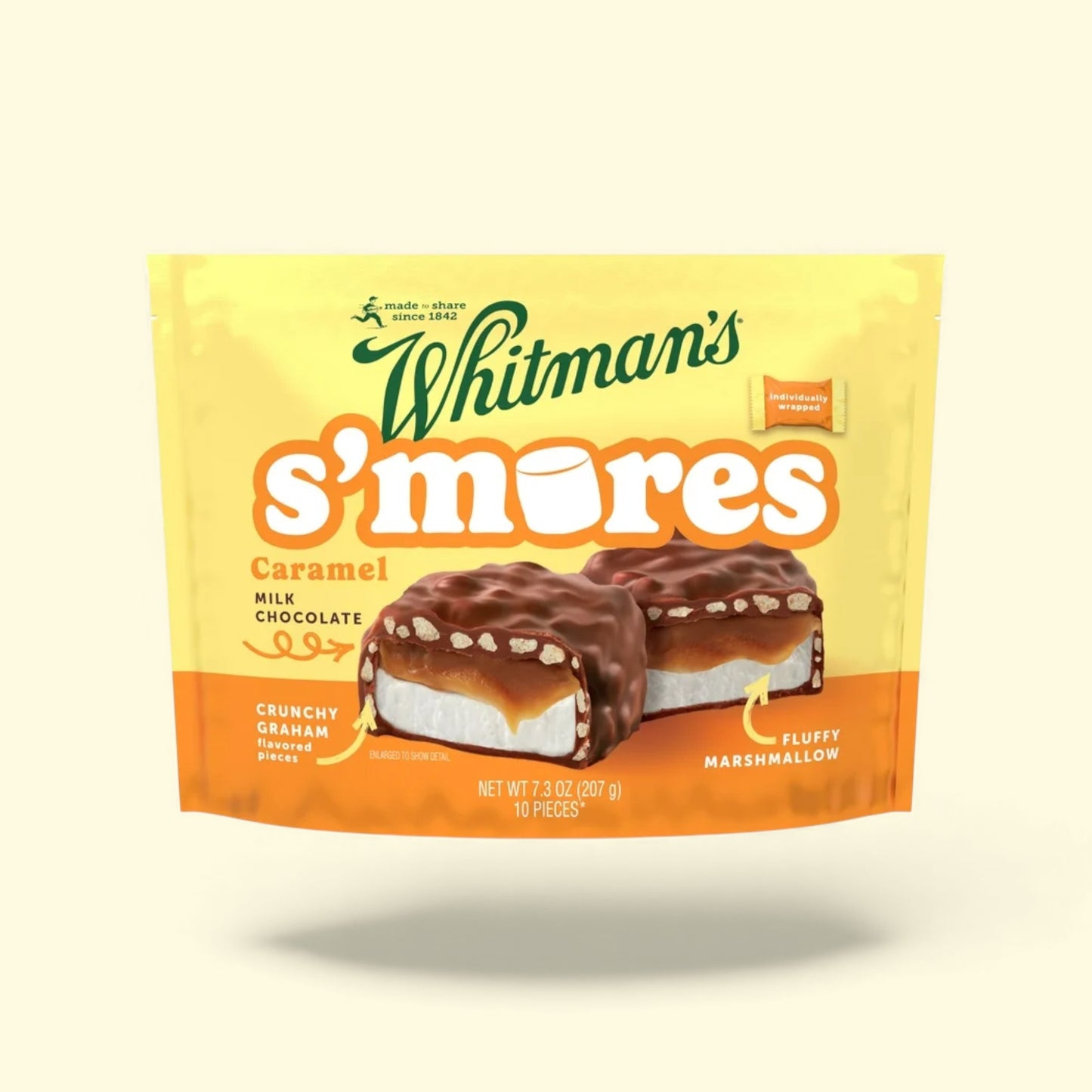 Packaging of Whitman's s'mores with a yellow and orange design on a beige background