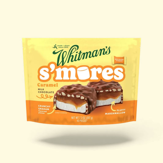 Packaging of Whitman's s'mores with a yellow and orange design on a beige background