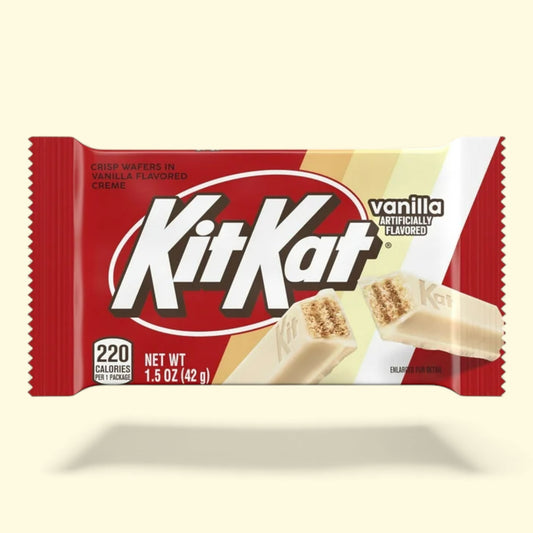 Kit Kat vanilla flavored chocolate bar packaging on a beige background