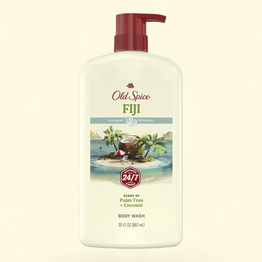 Old Spice Fiji body wash bottle with pump on a beige background