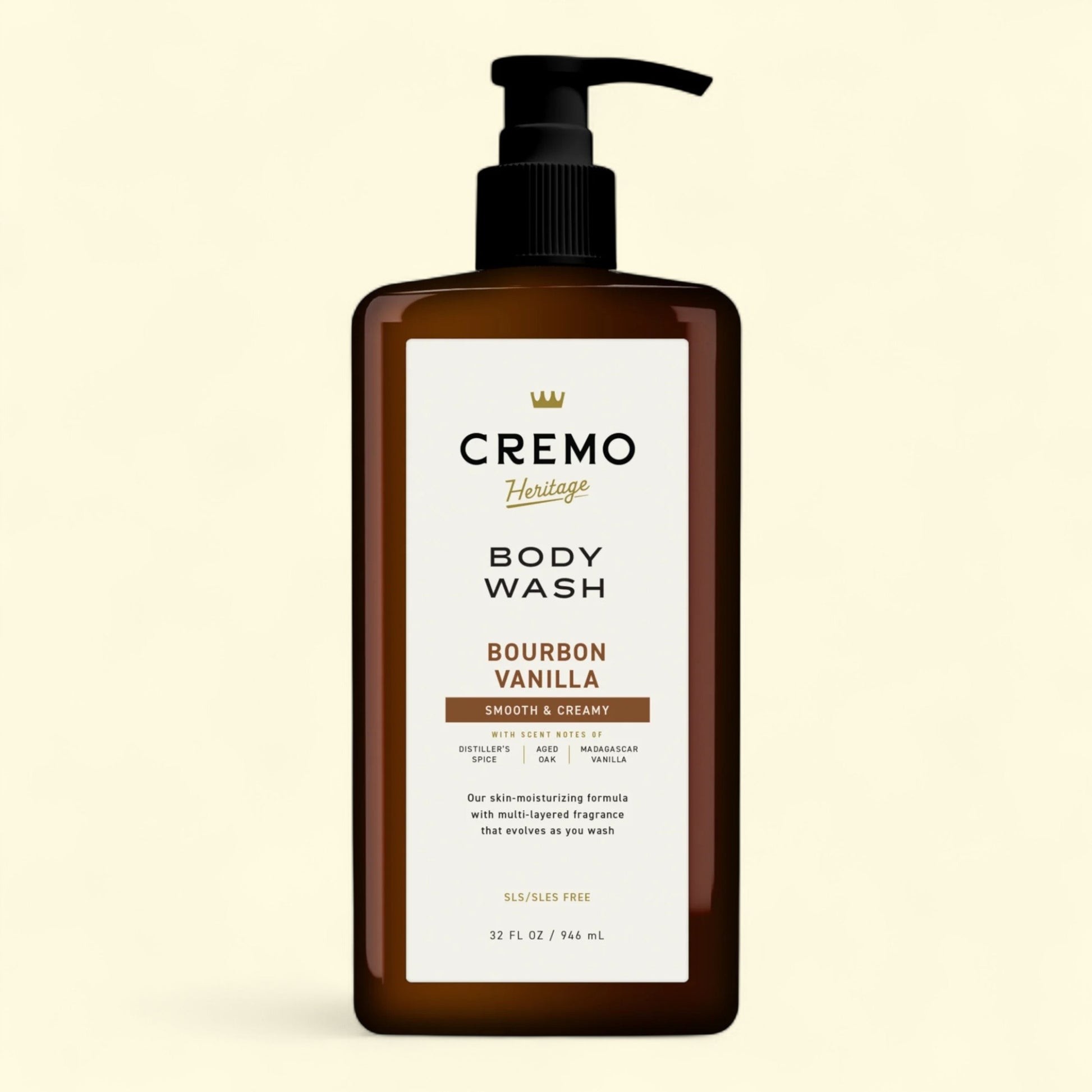 Cremo Bourbon Vanilla body wash bottle on a beige background