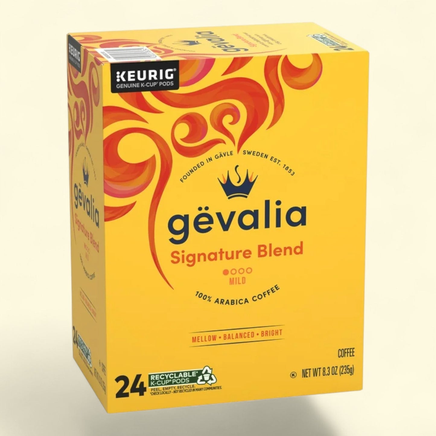 Gevalia coffee box with colorful design and Keurig branding on a white background