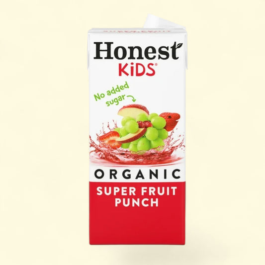 Honest Kids Organic Super Fruit Punch juice box on a beige background