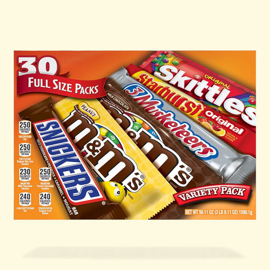 Boîte de barres chocolatées comprenant des Skittles, des M&M's et des Snickers 