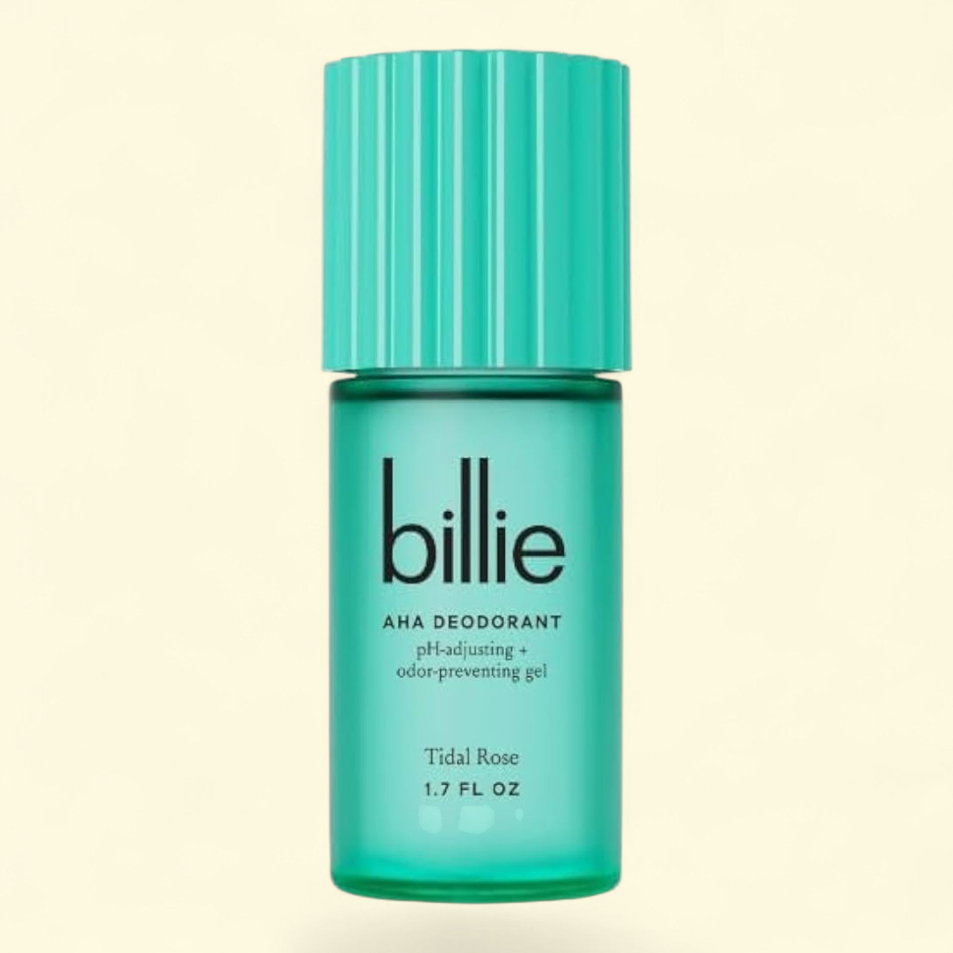 Teal bottle of billie AHA Deodorant on a beige background