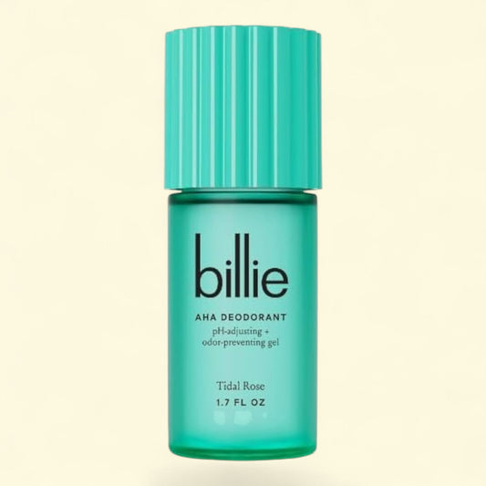 Teal bottle of billie AHA Deodorant on a beige background