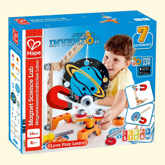 Hape: Junior Inventor: Magnet Science Lab- 34 Piece, Wooden Building Toy, Space & Gravity Themed Set, Magnetic Stem Learning, Preschool Child Age 4+
