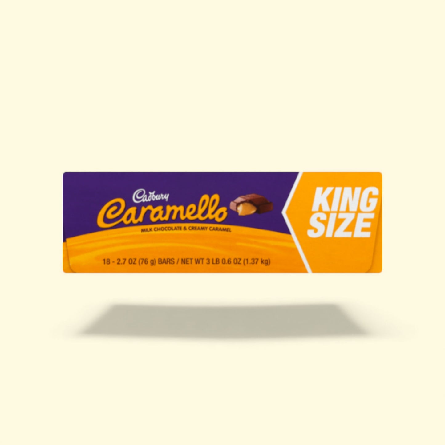 Cadbury Caramello King Size chocolate bar packaging on a beige background