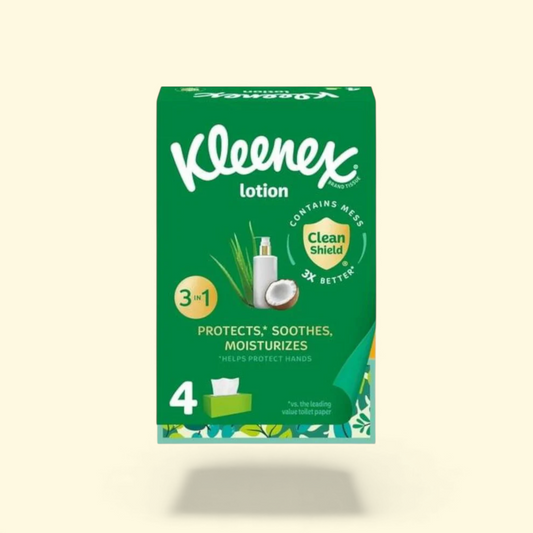 Kleenex Facial Tissues, Lotion with Coconut Oil, 4 Flat Boxes, 120 Tissues Per Box, 3-Ply