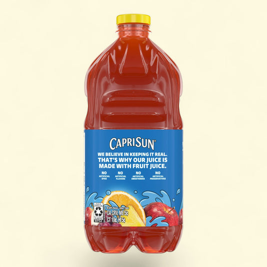 Capri Sun juice bottle with a yellow cap on a beige background