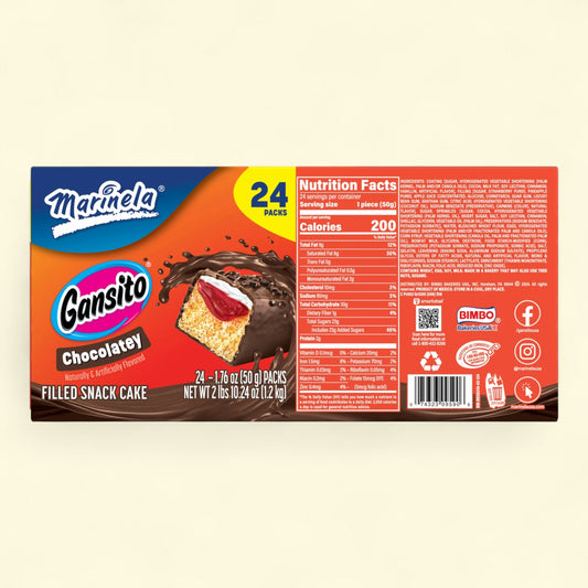 Marinela Gansito Chocolate filled snack cake packaging on a beige background