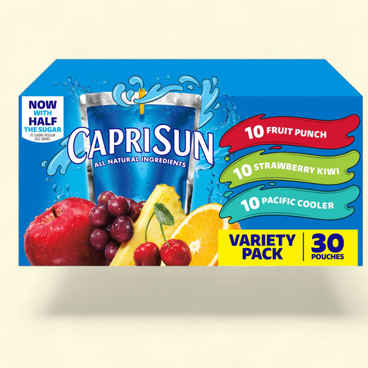 Capri Sun juice pouch variety pack on a beige background