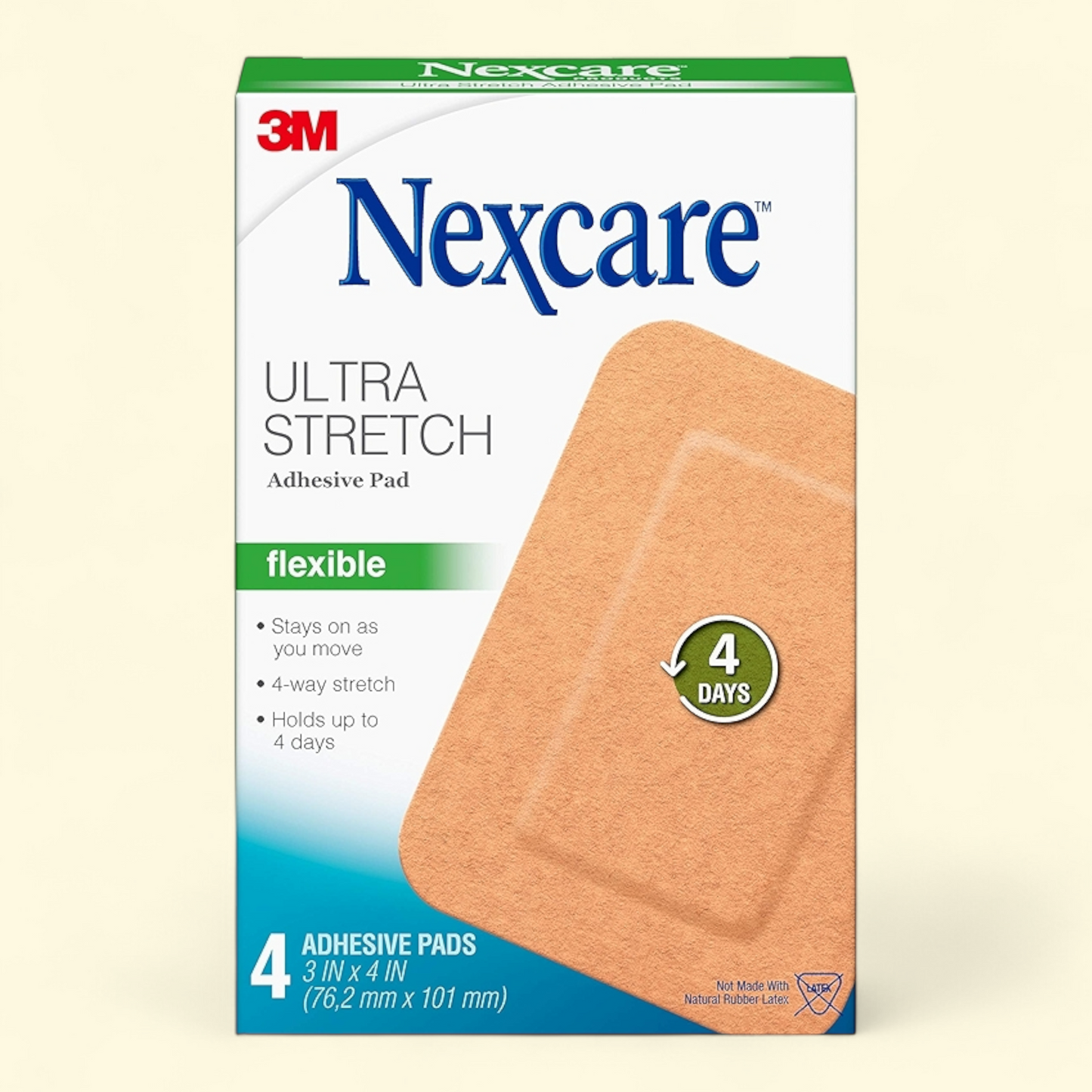 Nexcare Ultra Stretch Adhesive Pad, 3 in x 4 in, 4 Pads