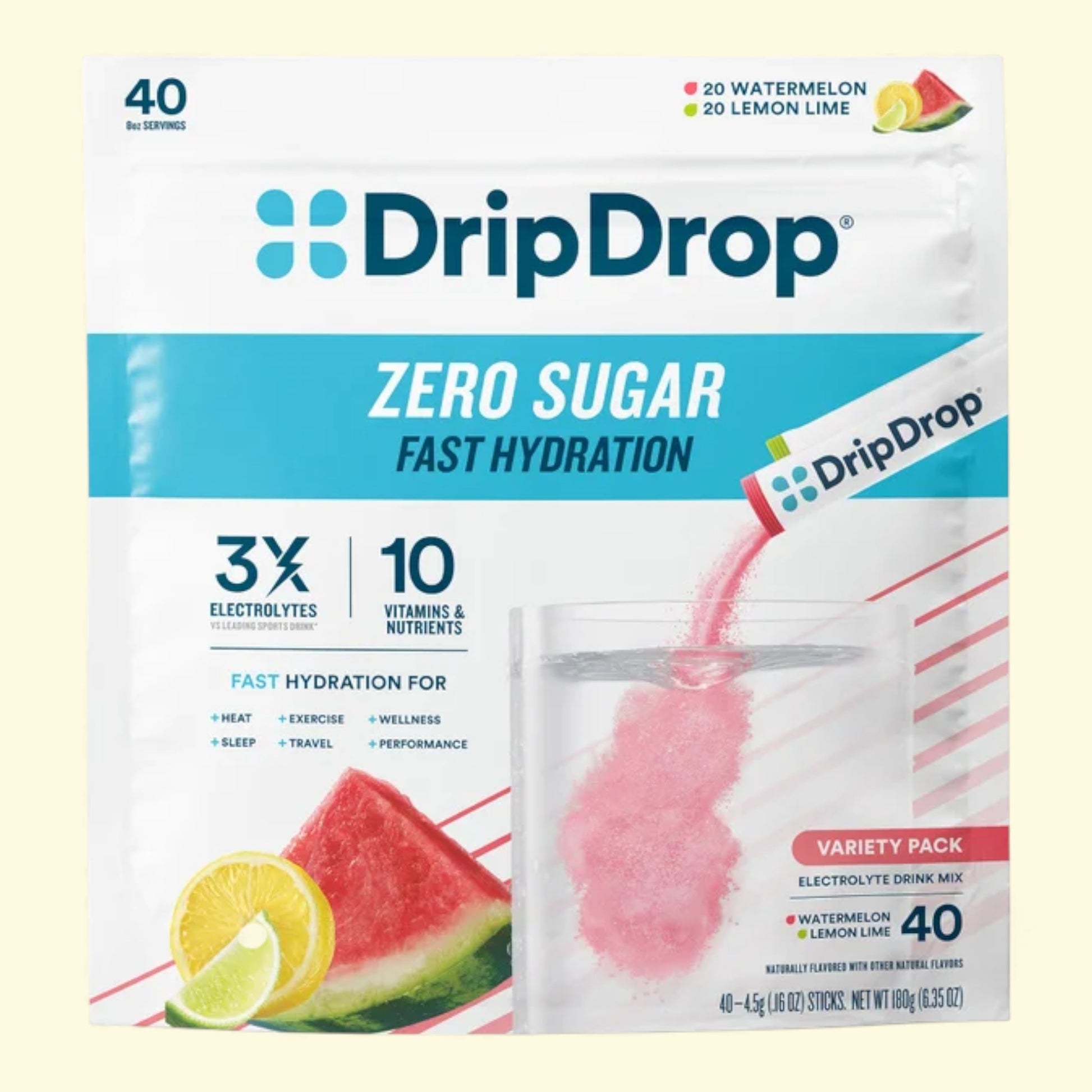 DripDrop zero sugar fast hydration packets on a light yellow background