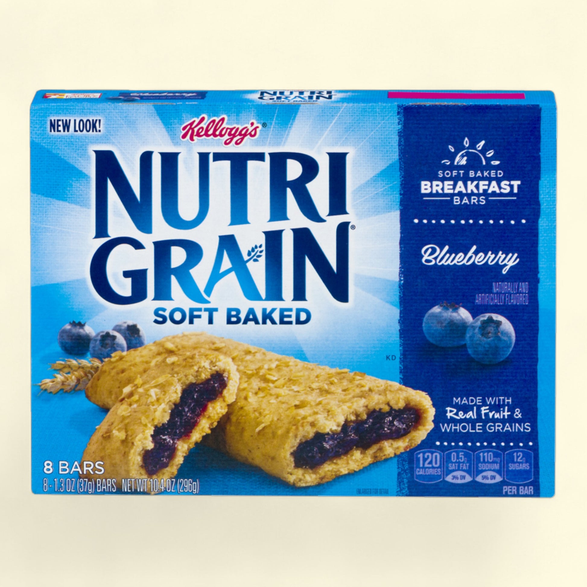 Box of Kellogg's Nutri-Grain Blueberry soft baked breakfast bars on a beige background
