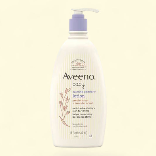 Aveeno baby lotion bottle on a light beige background