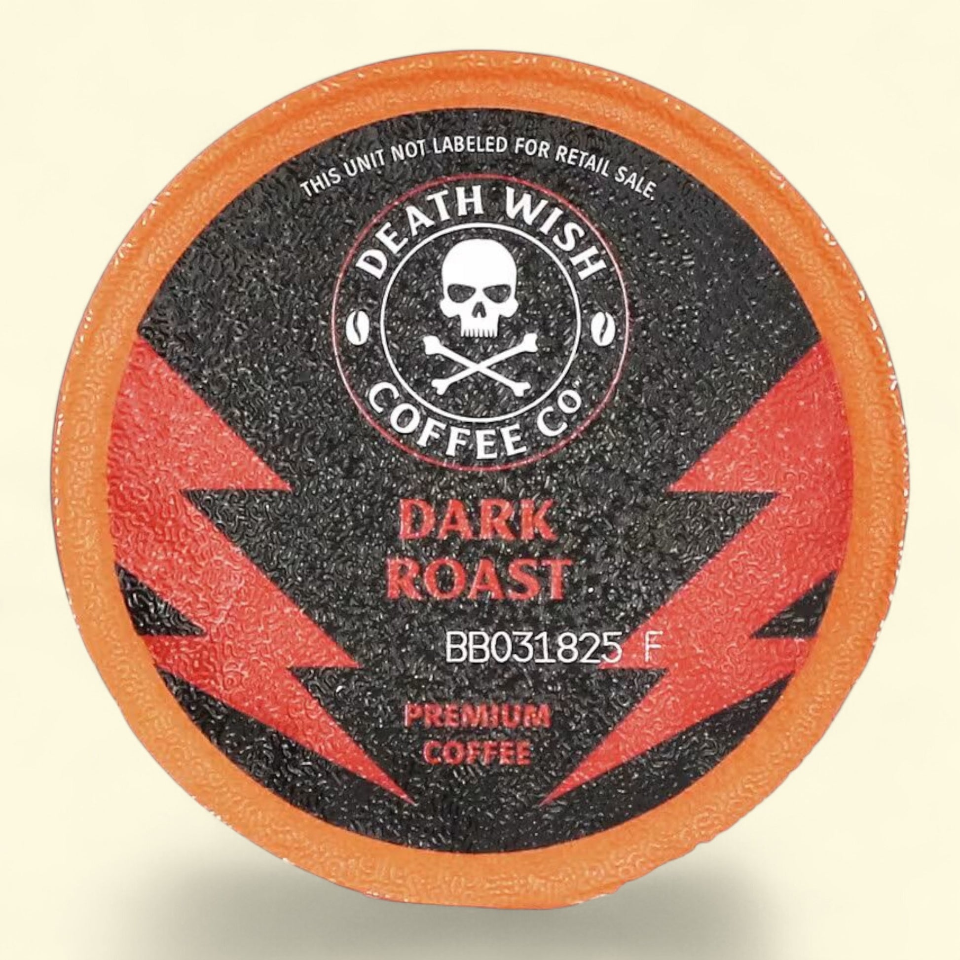 Death Wish Coffee Co. dark roast coffee container with skull and crossbones design.
