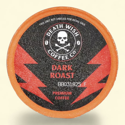 Death Wish Coffee Co. dark roast coffee container with skull and crossbones design.