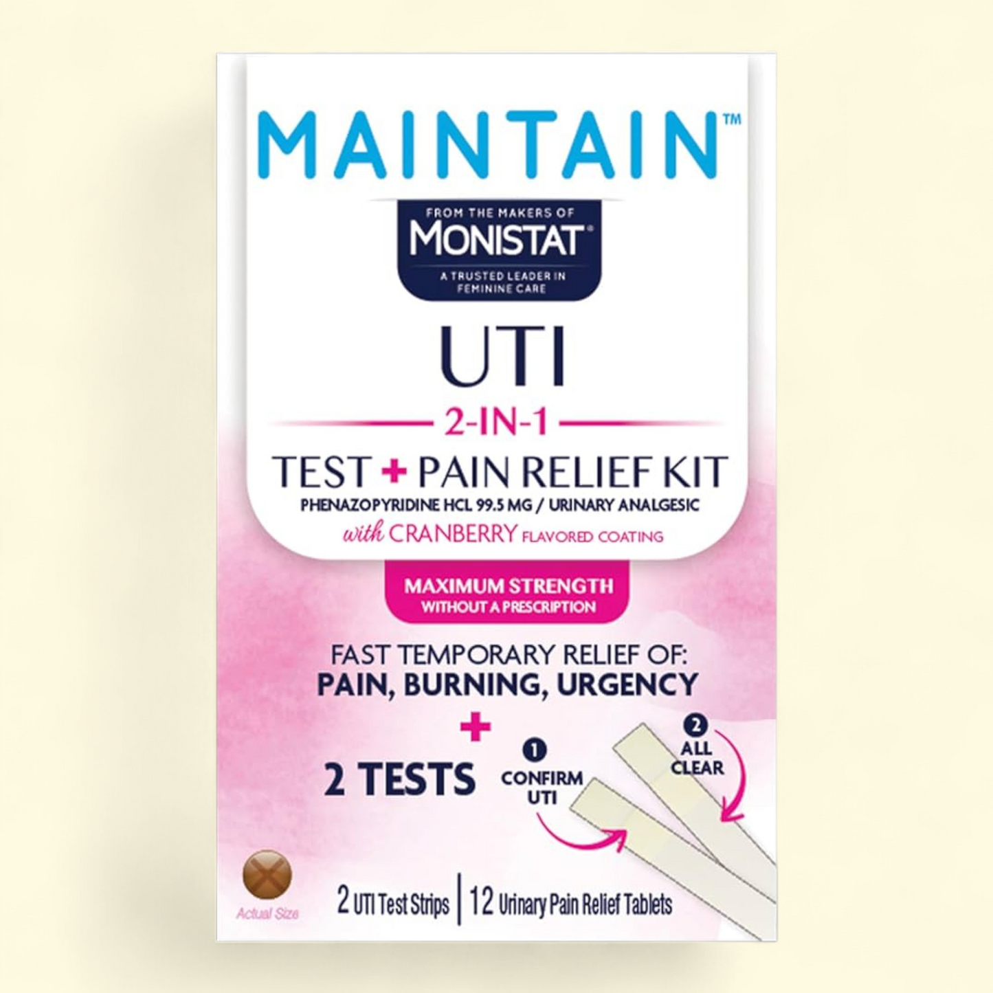 Monistat UTI Kit, 2-in-1 Urinary Tract Infection Kit, 2 UTI Test Strips and 12 UTI Pain Relief Tablets