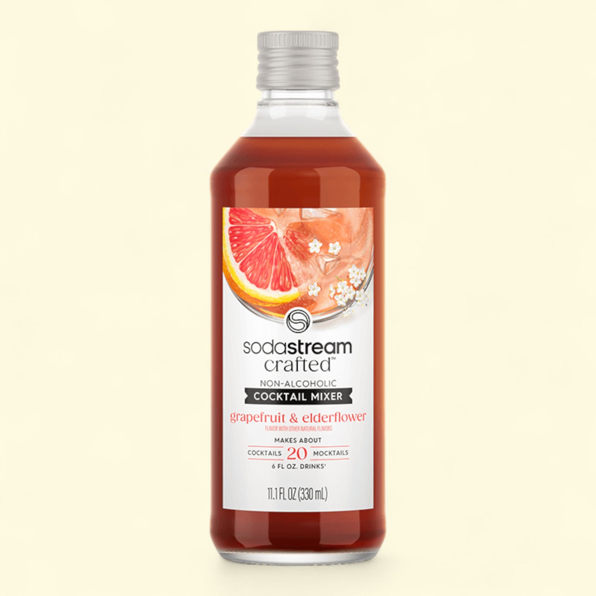 SodaStream grapefruit and elderflower cocktail mixer bottle on a beige background