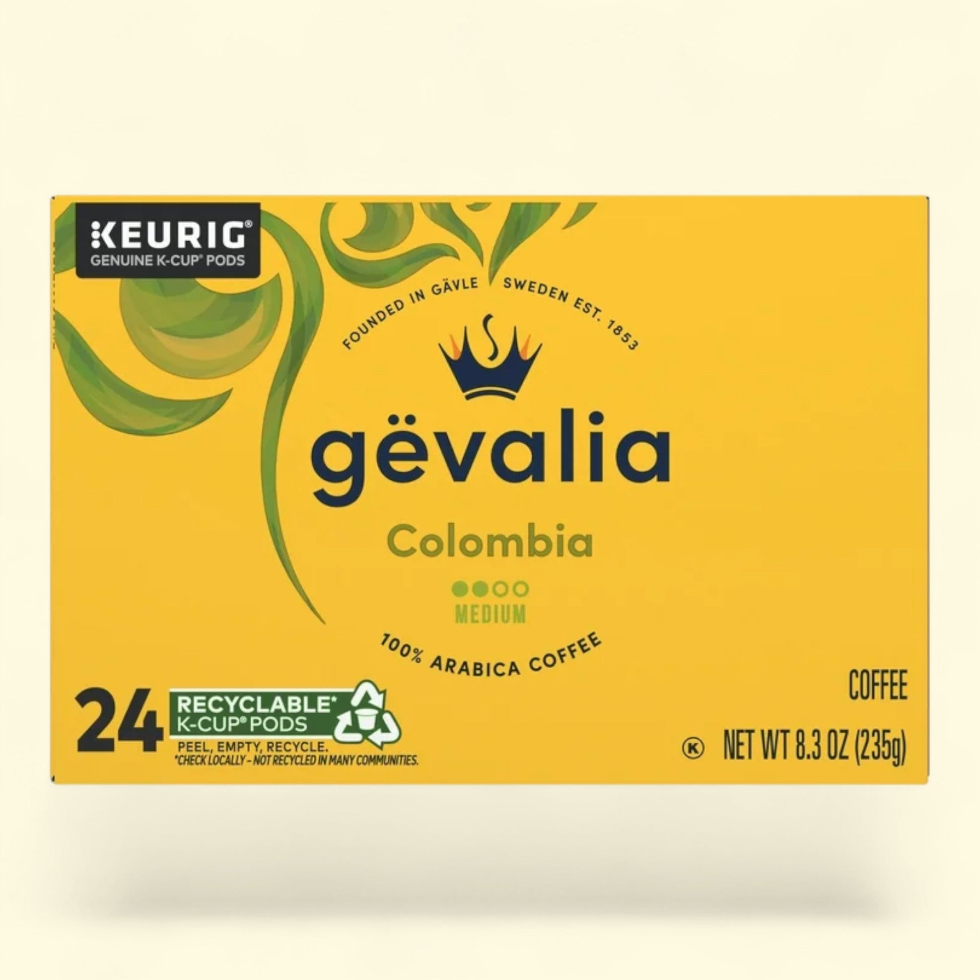 Gevalia Colombia coffee K-Cup pods packaging on a beige background