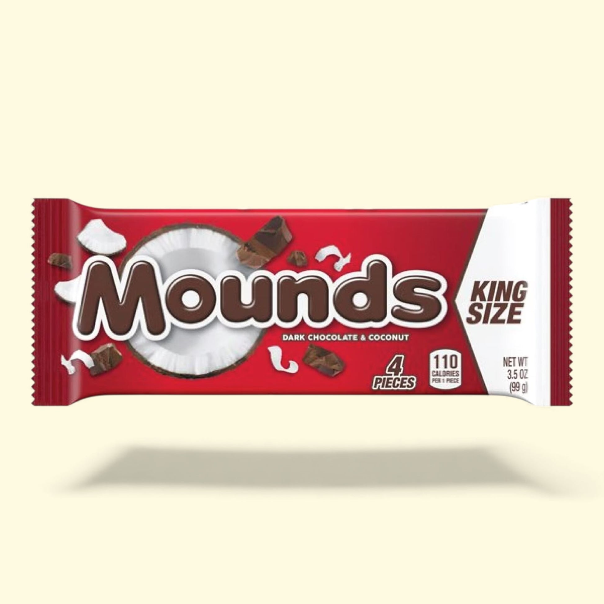 Mounds King Size chocolate bar packaging on a beige background