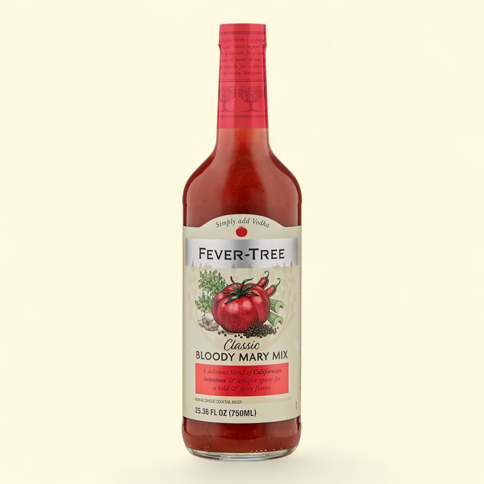 Bottle of Fever-Tree Bloody Mary mix on a beige background