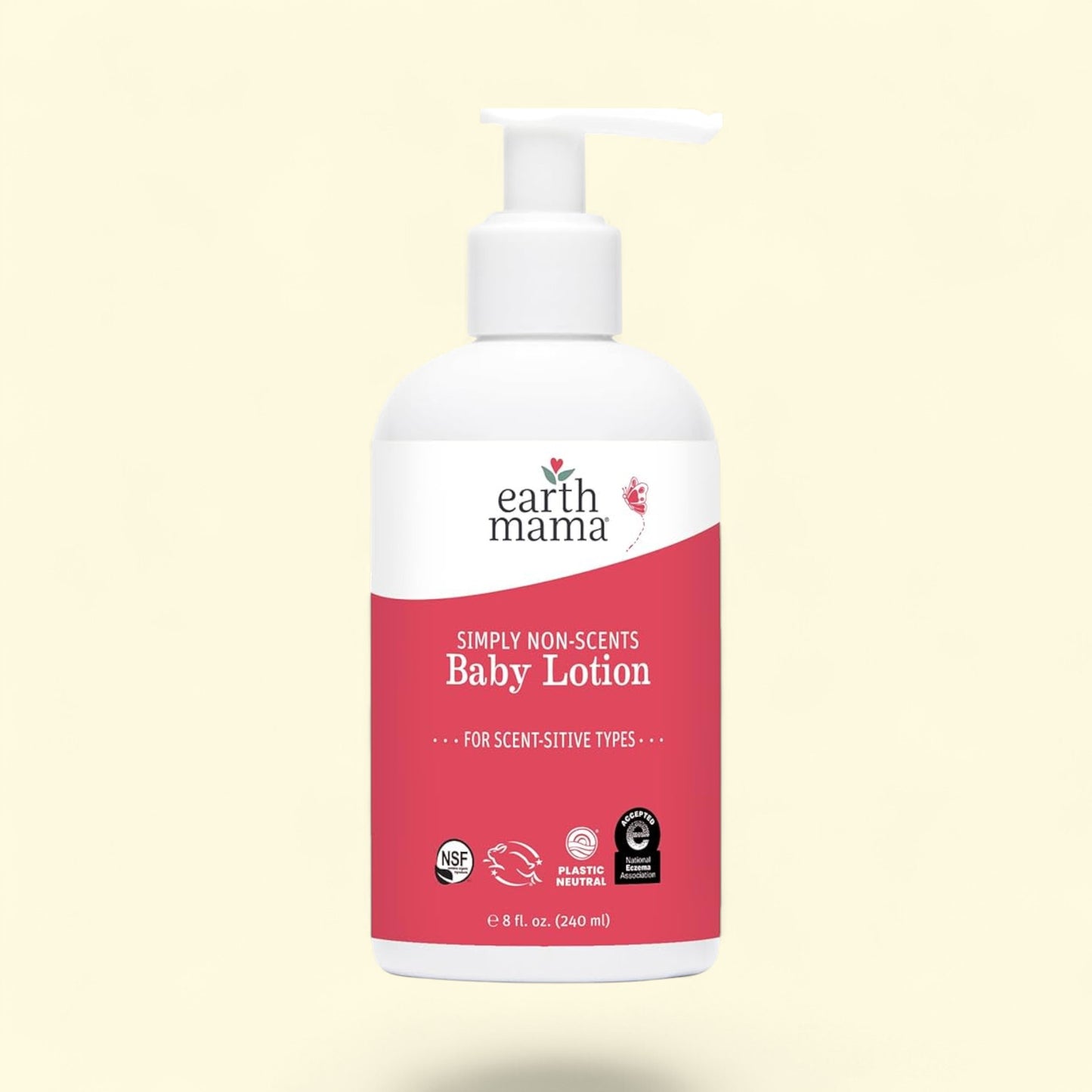 Flacon de lotion pour bébé « Simply Non-Scents » de Earth Mama sur fond jaune clair