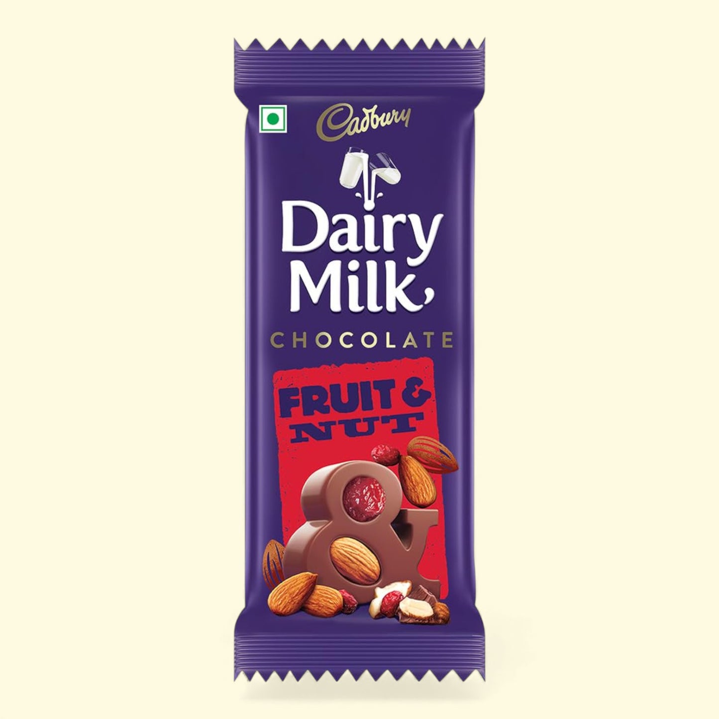Cadbury Dairy Milk Fruit & Nut chocolate bar packaging on a beige background
