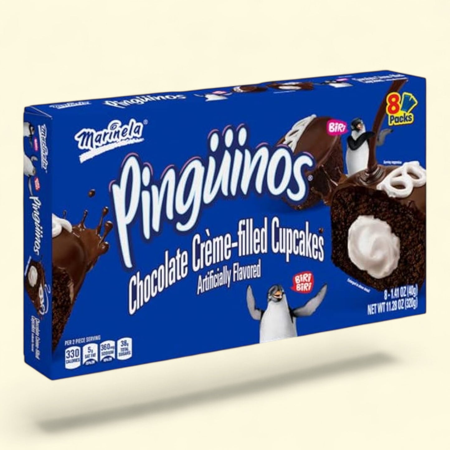 Box of Mariposa Pingáñinos Chocolate Cèreme-filled Cupcakes on a beige background