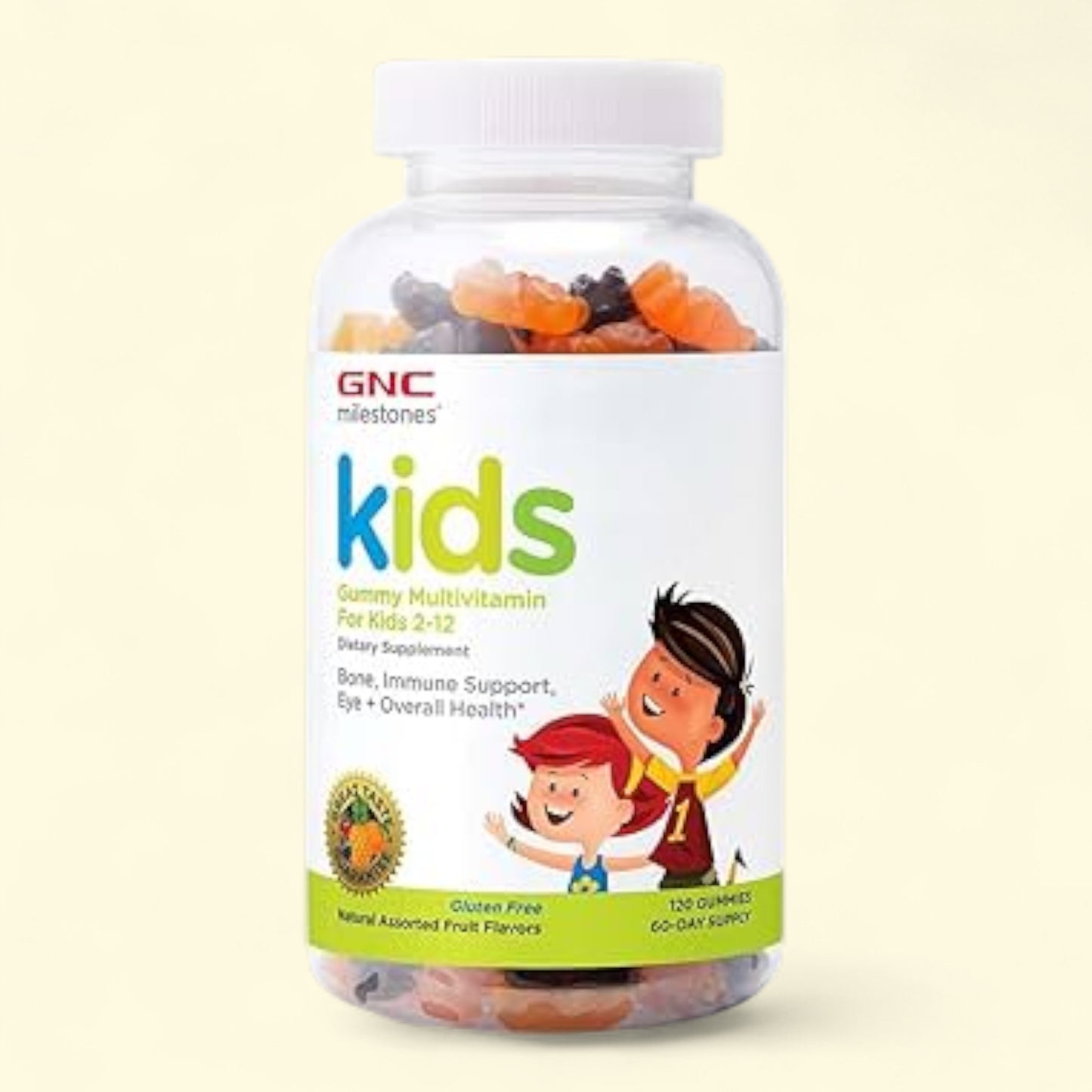 Bottle of GNC Kids Gummy Multivitamin on a light beige background