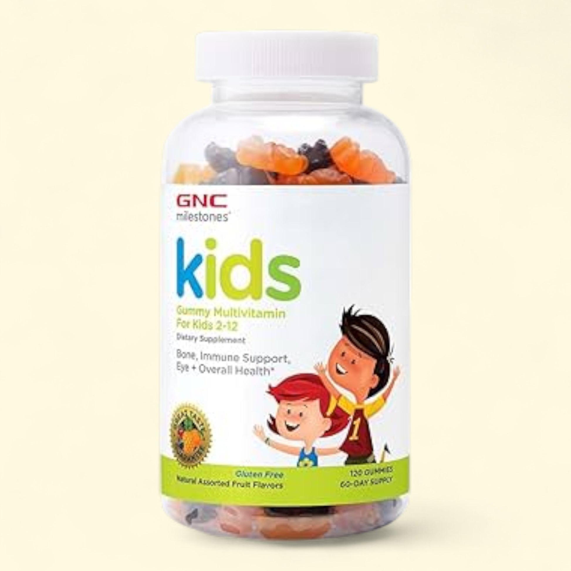 Bottle of GNC Kids Gummy Multivitamin on a light beige background