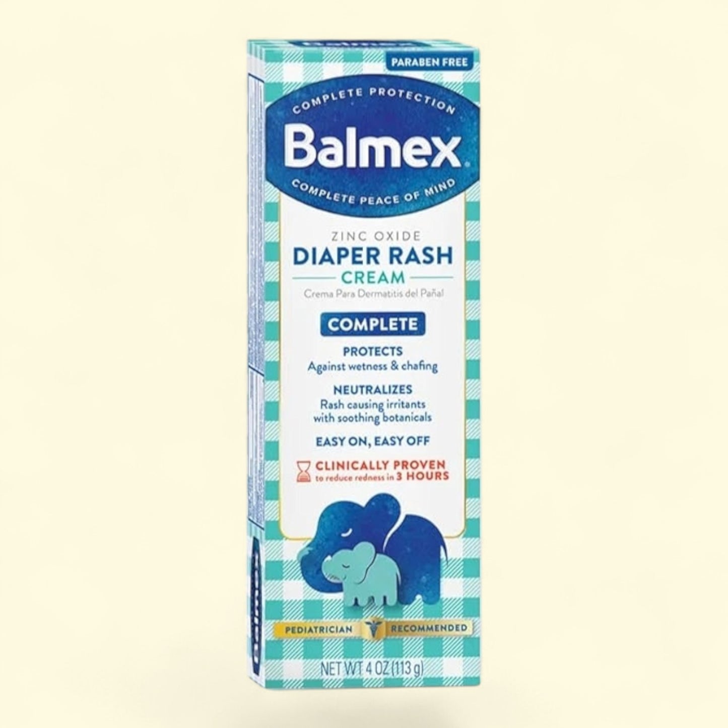 Balmex diaper rash cream packaging on a beige background