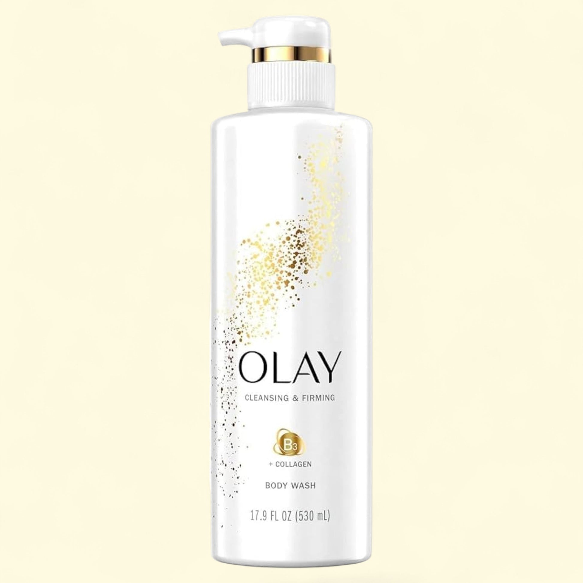 Olay cleansing and firming body wash bottle on a beige background
