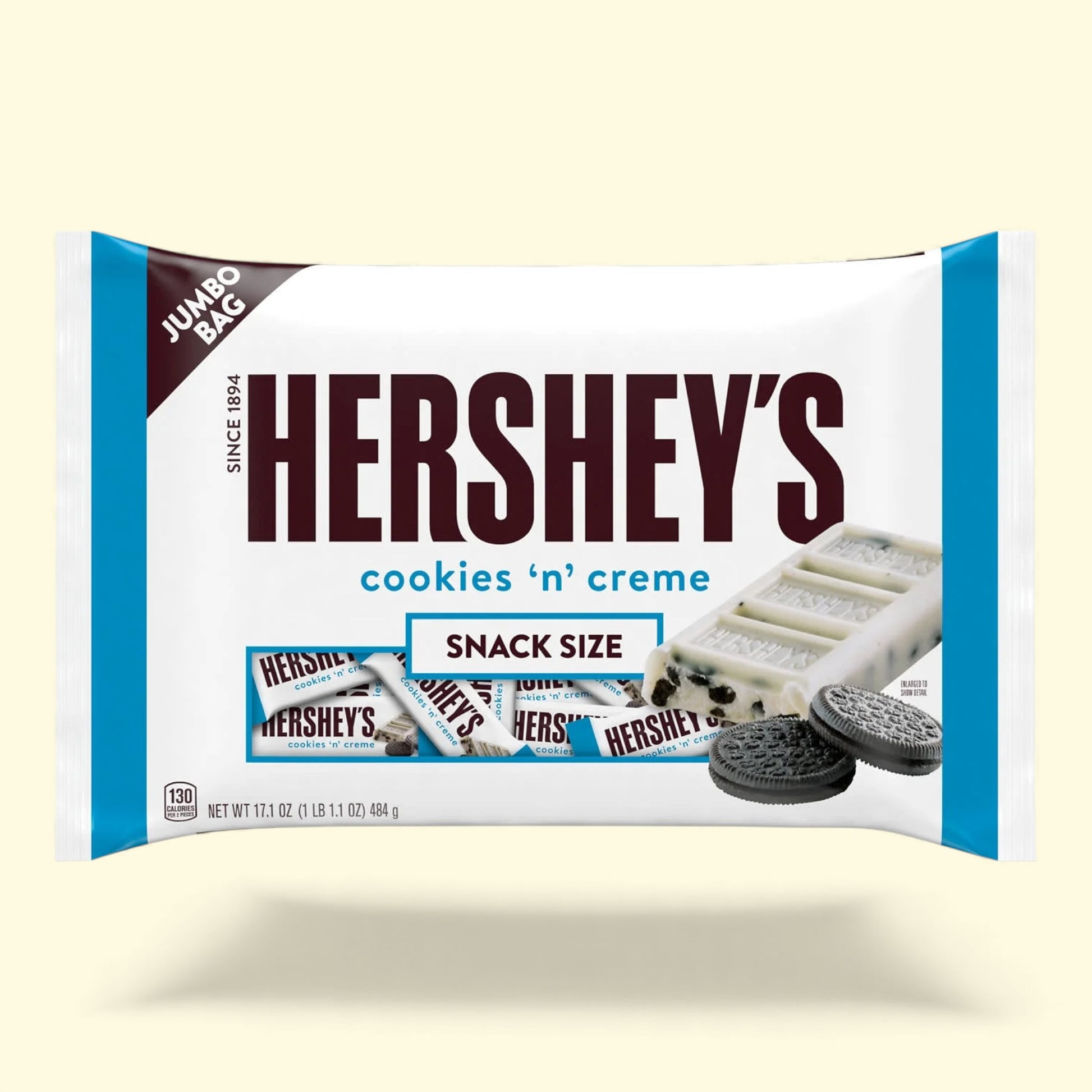 Hershey's cookies 'n' creme snack size packaging on a beige background