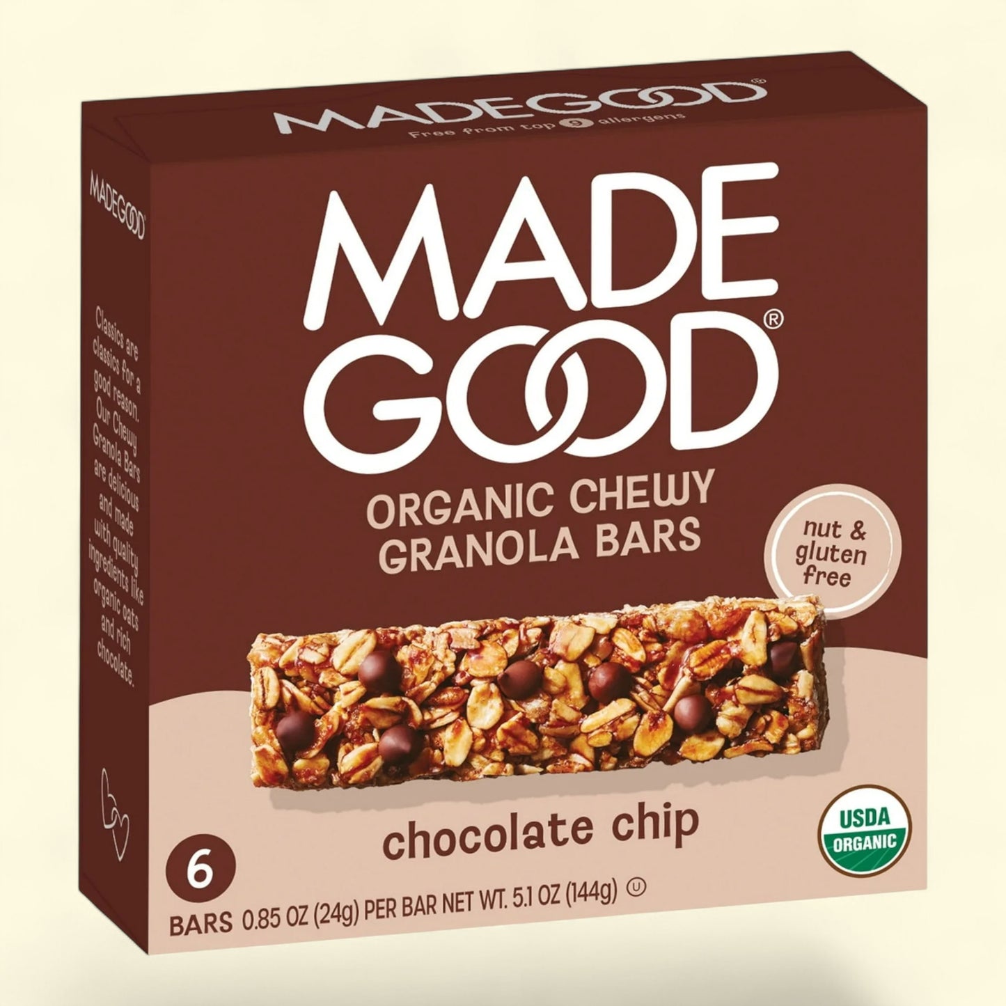 Made Good organic chewy granola bars with a chocolate chip flavor on a beige background