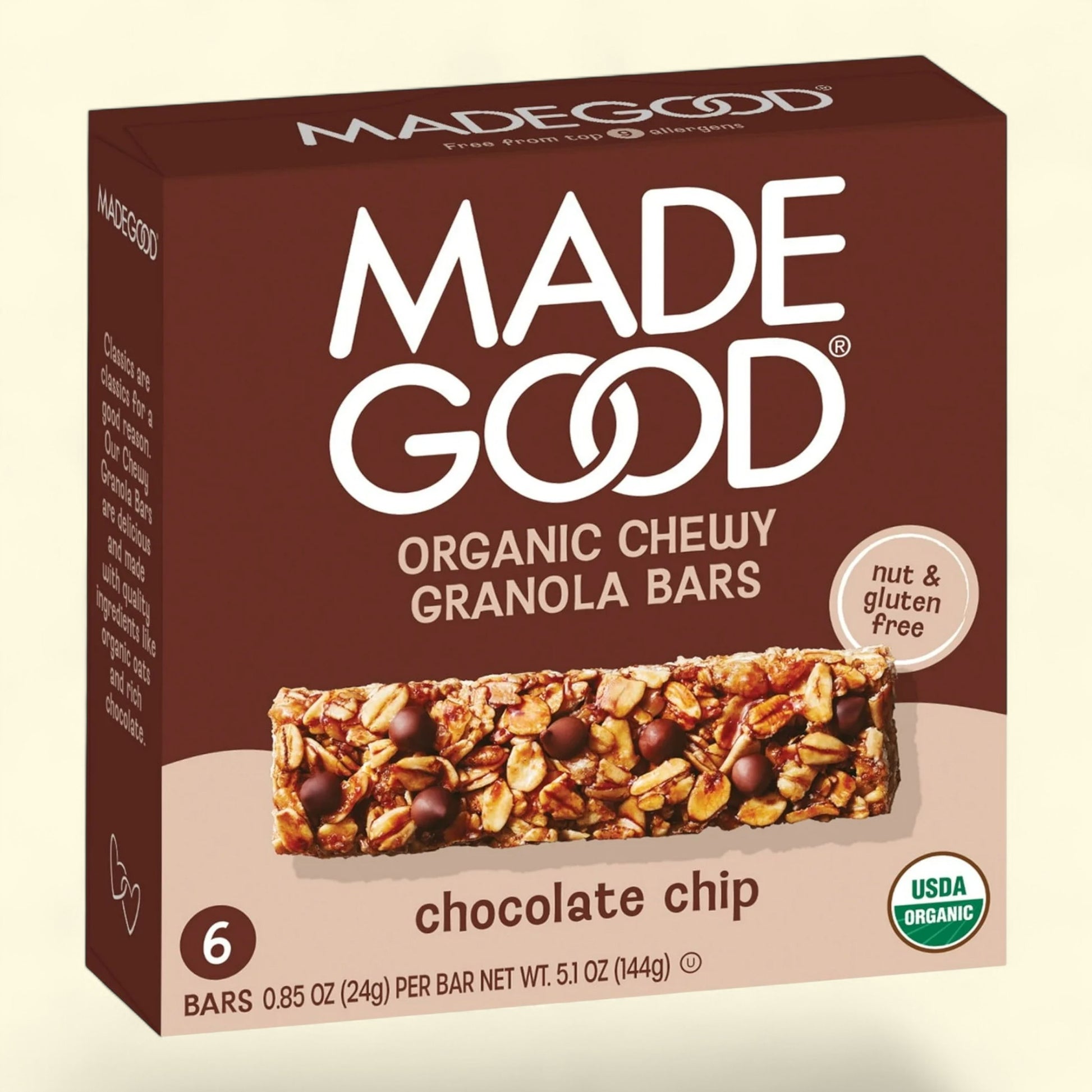 Made Good organic chewy granola bars with a chocolate chip flavor on a beige background