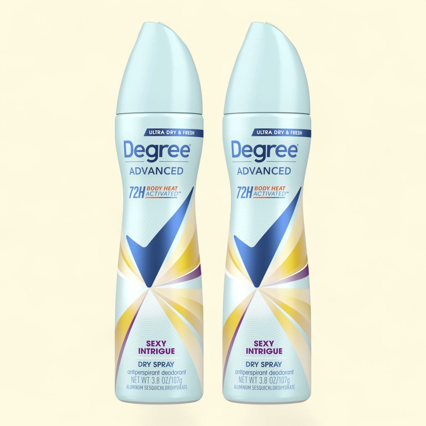 Two bottles of Degree Advanced Sexy Intrigue dry spray on a beige background