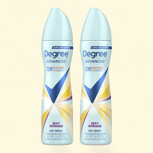 Two bottles of Degree Advanced Sexy Intrigue dry spray on a beige background